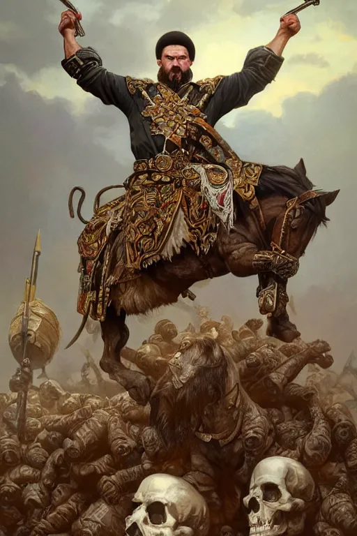 Prompt: an accurate image of a Ukrainian muscular cossack standing on a pile of skulls as a winner, masculine figure, D&D, fantasy, intricate, elegant, highly detailed, extremely detailed, digital painting, artstation, concept art, matte, sharp focus, symmetrical, illustration, art by Artgerm and Greg Rutkowski and Alphonse Mucha