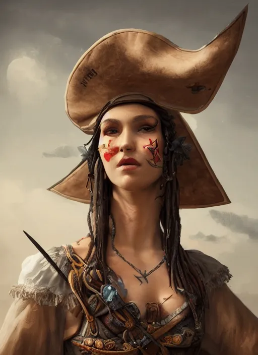 Image similar to detailed full body concept art dull oil painting of a pirate female, beautiful face, realistic hands, elegant pose, fantasy, illustration, insanely detailed and intricate clothing, octane render, 4k