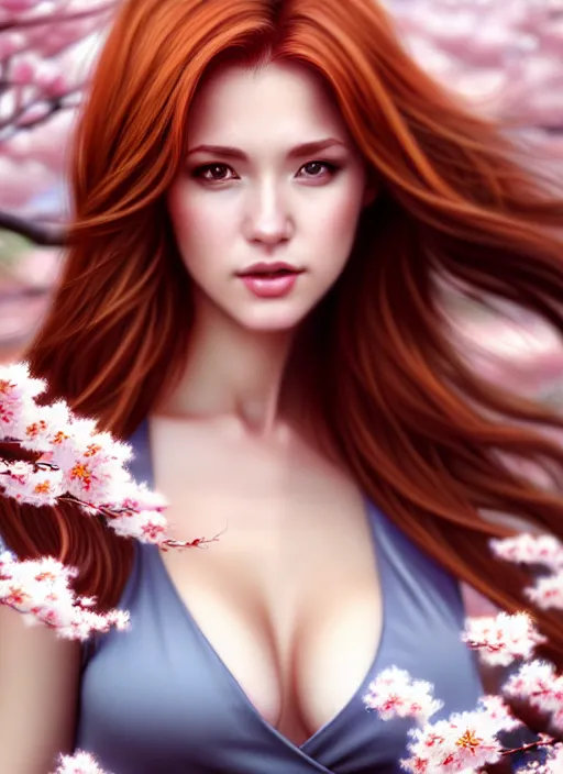 Prompt: photo of a gorgeous female with auburn hair in the style of stefan kostic, realistic, half body shot, sharp focus, 8 k high definition, insanely detailed, intricate, elegant, art by stanley lau and artgerm, cherry blossoms background