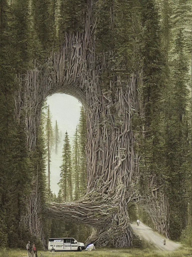 Image similar to a white school bus in the forest driving through a portal, hyper-detailed, digital art, artist Bev Dolittle