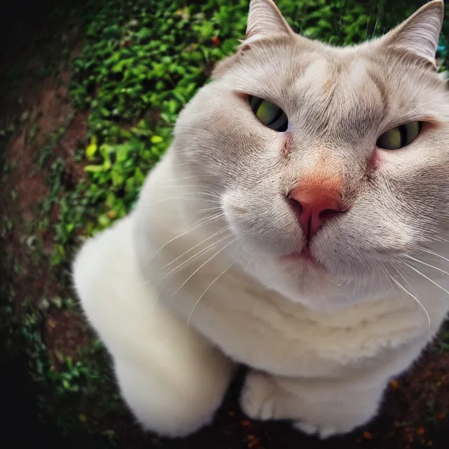 Prompt: fisheye view of super fat annoyed cat