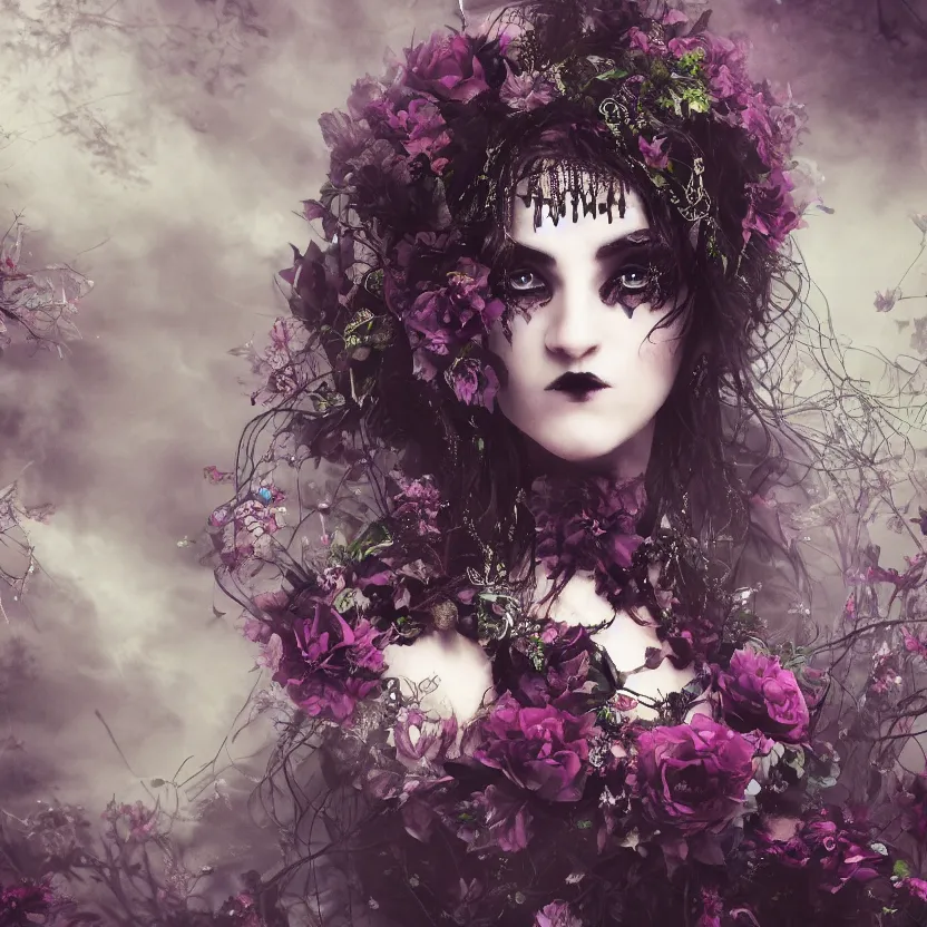 Image similar to A portrait of a Gothic goddess of floral jewels in an empty land, dark and mysterious, lively atmospheric, cinematic, 8k, 4k, ultra detail, ultra-realistic, rendered by DeviantArt