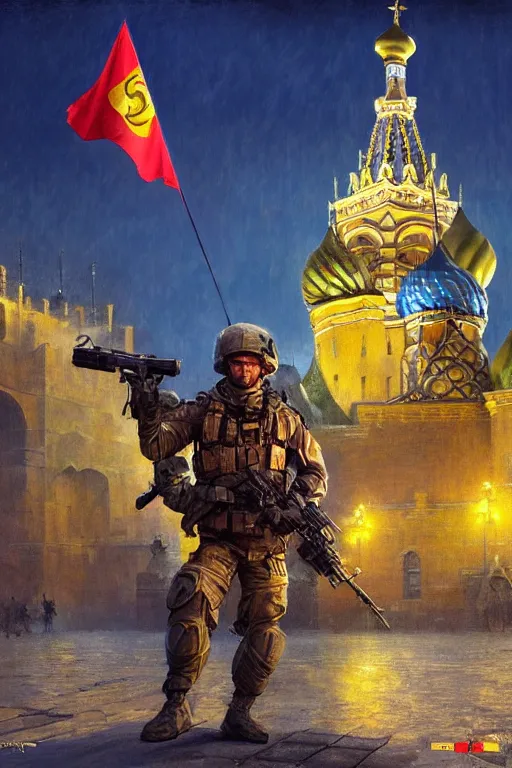 Image similar to special forces soldier installin ukrainian blue and yellow flag on red square kremlin, masculine figure, d & d, fantasy, bright atmosphere, volumetric lights, intricate, elegant, extremely detailed, digital painting, artstation, concept art, matte, smooth, sharp focus, hyper realistic, illustration, art by artgerm and greg rutkowski and alphonse mucha