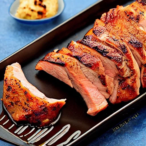 Image similar to juicy pork loin, delicious, cookbook photo, quality presentation