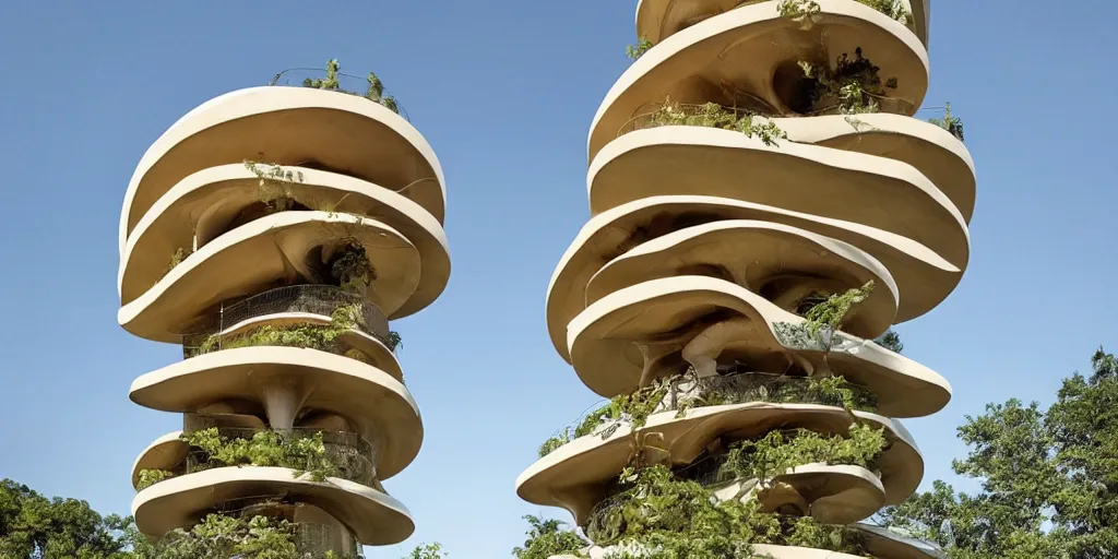 Prompt: sinuous mushroom tower residence