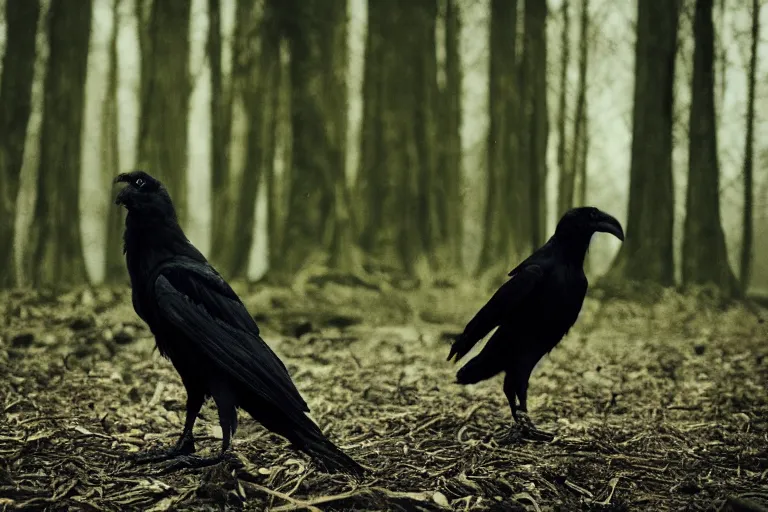 Image similar to werecreature consisting of a crow and a human, photograph captured in a dark forest