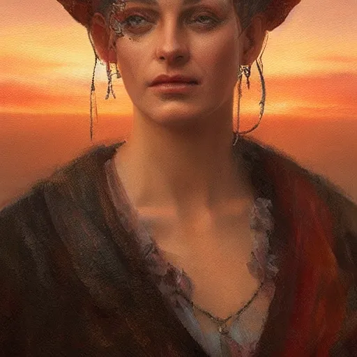 Image similar to renaissance italian fortune teller, armitage, closeup portrait, sunset, gorgeous view, depth, painted by seb mckinnon, high detail, digital art, painted by greg rutkowski, trending on artstation