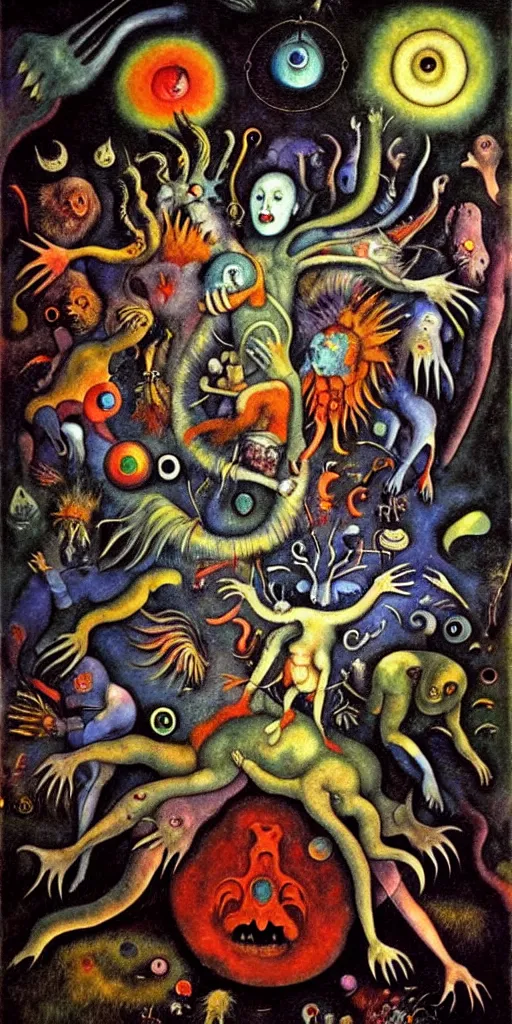 Image similar to mythical creatures and monsters in the visceral anatomical human heart imaginal realm of the collective unconscious, in a dark surreal mixed media oil painting by bosch and kandinsky, dramatic lighting from inner fire