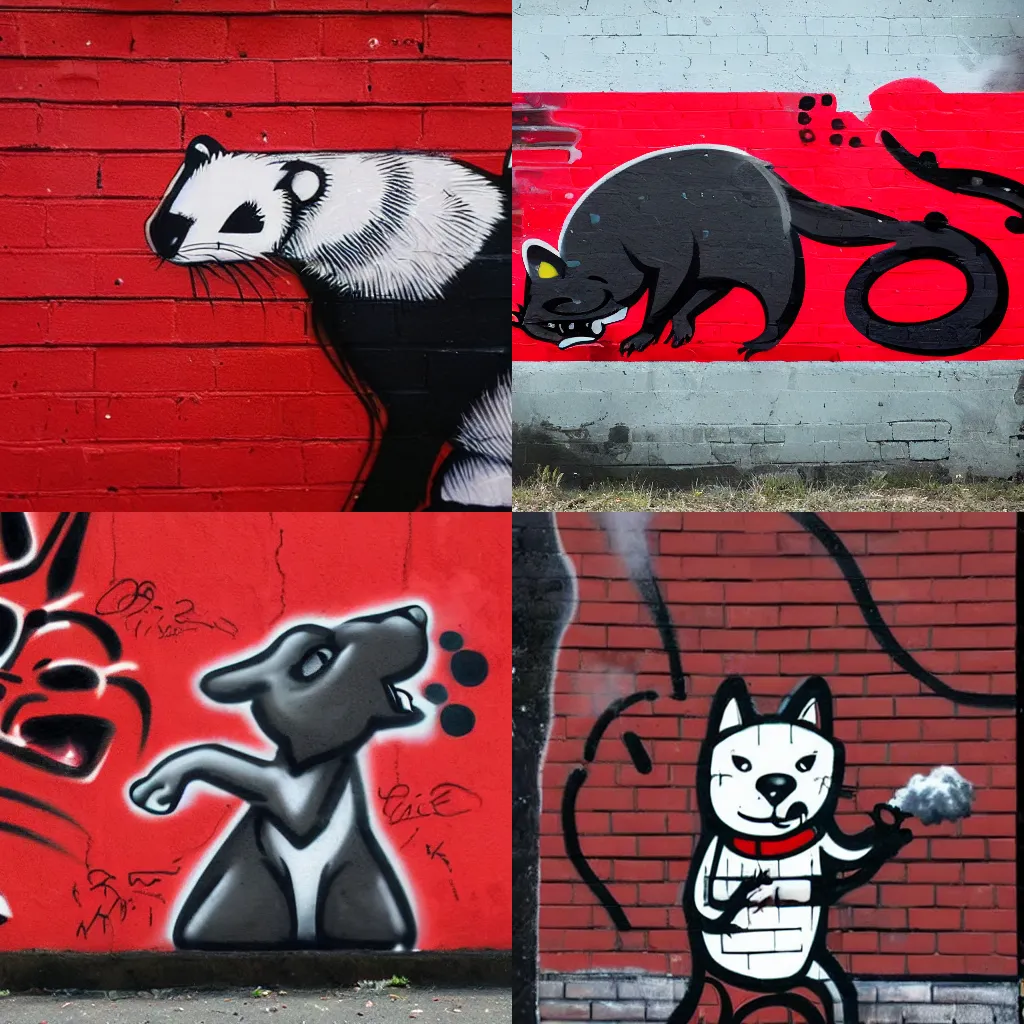 Prompt: ( red and black ) > [ ( furry fandom fursona ) = ( weasel * ferret * stoat ) ], graffiti ( background = smoke ) > wall