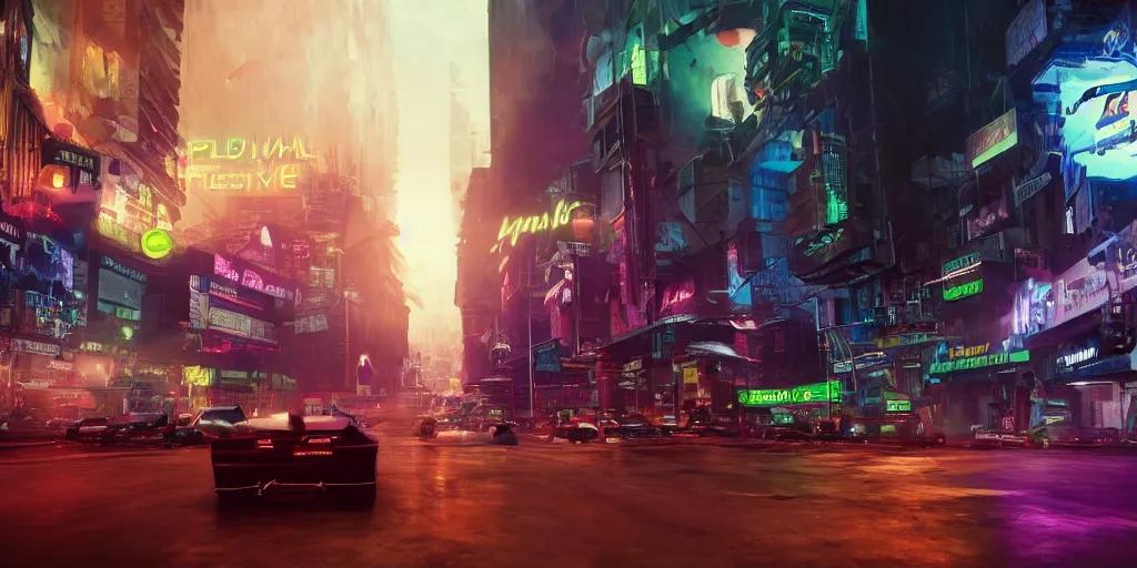 Image similar to a 3 d rendered in unreal engine guatemalan cyberpunk city with flying cars with neon ads and signs with evocative dramatic mood with blade runner vibe with cars and floating vehicles with motion blur with depth of field with bloom with lightshaft with volumetric lights, fog, by jeremy mann, oscar winning graphics, photo realistic, bloom, imax, dynamic lighting, artstation,