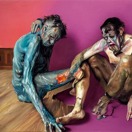 Image similar to high quality high detail painting of a man in agony by lucian freud and jenny saville and francis bacon and malcom liepke and nicola samori, hd, anxiety, seated with friend in a living room crying and screaming, turquoise and purple and orange and pink, dark atmosphere