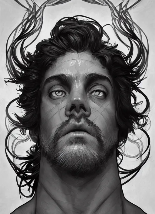 Image similar to the god hephaestus, gigachad, ash hair, glowing eyes, volumetric lights, black and white scheme, art nouveau botanicals, gothic, intricate, highly detailed, digital painting, artstation, concept art, smooth, sharp focus, symmetric face, illustration, art by artgerm and greg rutkowski and alphonse mucha