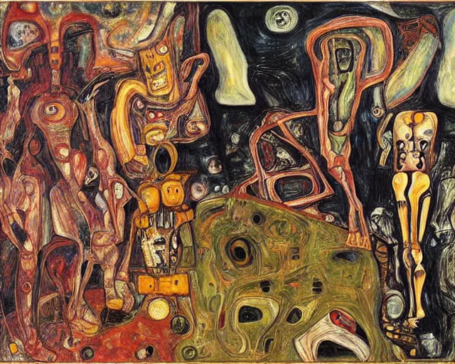 Image similar to a painting of a aliens and robots by graham sutherland, egon schiele, gustav klimt, edvard munch, expressionism