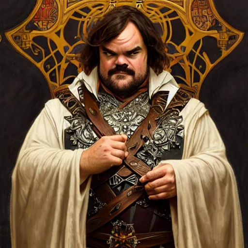 Image similar to full portrait of jack black as king friday, fantasy, d & d, intricate, detailed, by by alphonse mucha, adolfo hohenstein, alice russell glenny, stanley artgerm lau, greg rutkowski, detailed, trending on artstation, trending on artstation, smooth