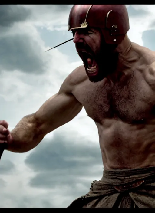 Image similar to cinematic film still of joe biden as leonidas shouting in 3 0 0 movie, 8 k, epic moody sky, dramatic lighting