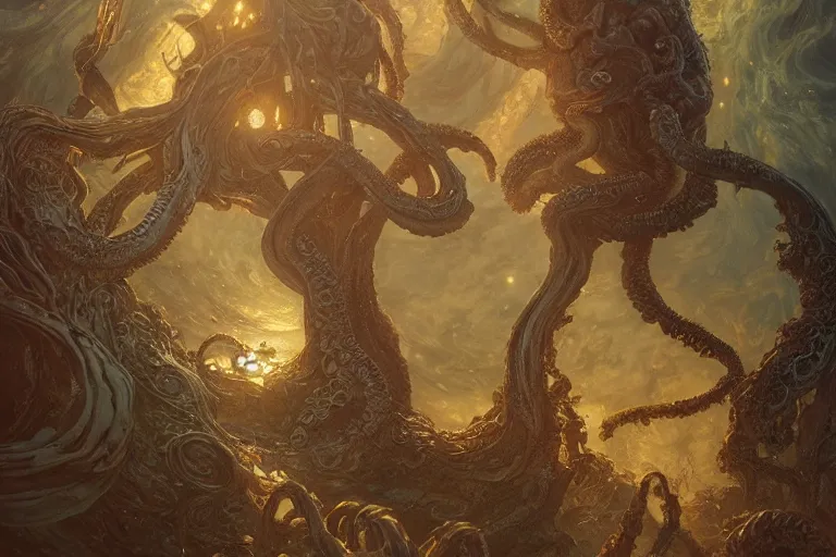 Image similar to a lovecraftian painting of cthulhu rising, cosmic horror elements, ultra realistic, concept art, intricate details, eerie, highly detailed, photorealistic, octane render, 8 k, unreal engine. art by artgerm and greg rutkowski and alphonse mucha