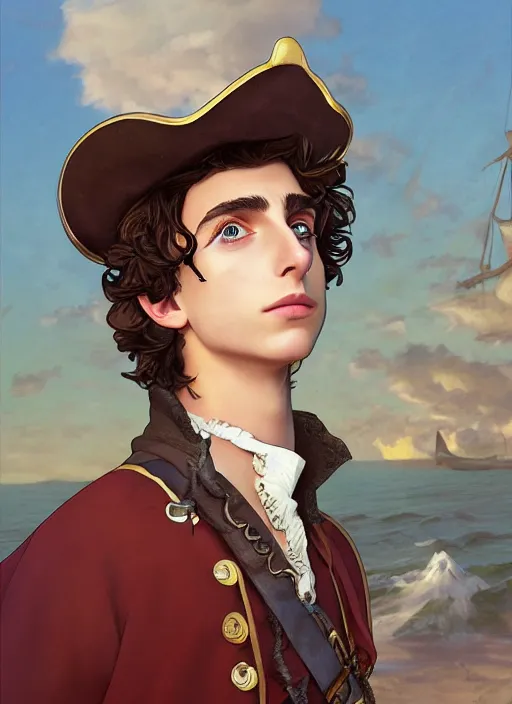 Prompt: cute timothee chalamet as a pirate captain. parrot on his shoulder, natural lighting, path traced, highly detailed, high quality, beautiful digital painting, by don bluth and ross tran and studio ghibli and alphonse mucha, artgerm