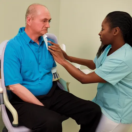 Image similar to a man sitting on a chair having his blood pressure measured by a nurse, photograph