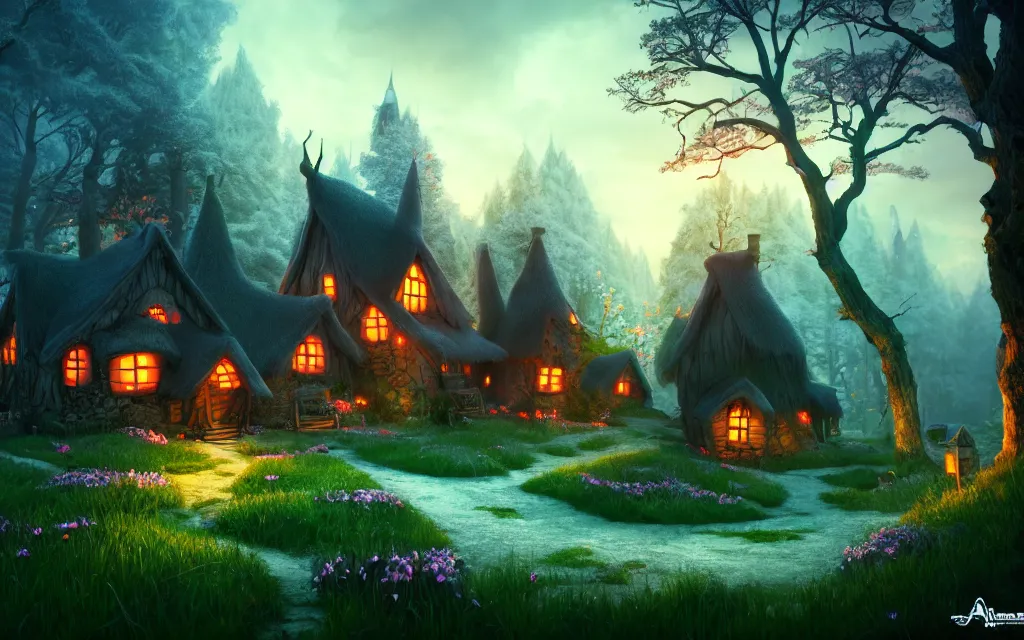 Image similar to gloomy sparse fairytale forest with witches cottage made of candy in the distance, visual novel key visual, award - winning digital art on pixiv, trending on artstation - cinematic lighting, dramatic lighting, stunning and beautiful scenery - highly detailed, hyperrealistic, unreal engine 5, in the style of kingdom hearts