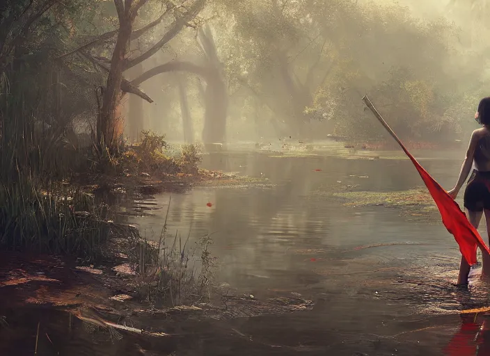 Image similar to glowing girl wading through swamp carrying a red flag , DSLR 85mm, by Craig Mullins, ilya kuvshinov, krenz cushart, artgerm, Unreal Engine 5, Lumen, Nanite