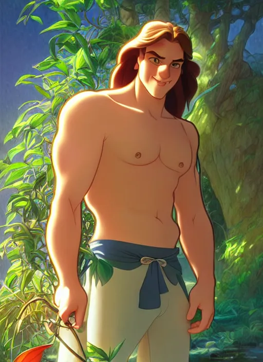 Image similar to cute fisherman tarzan, natural lighting, path traced, highly detailed, high quality, digital painting, by don bluth and ross tran and studio ghibli and alphonse mucha, artgerm