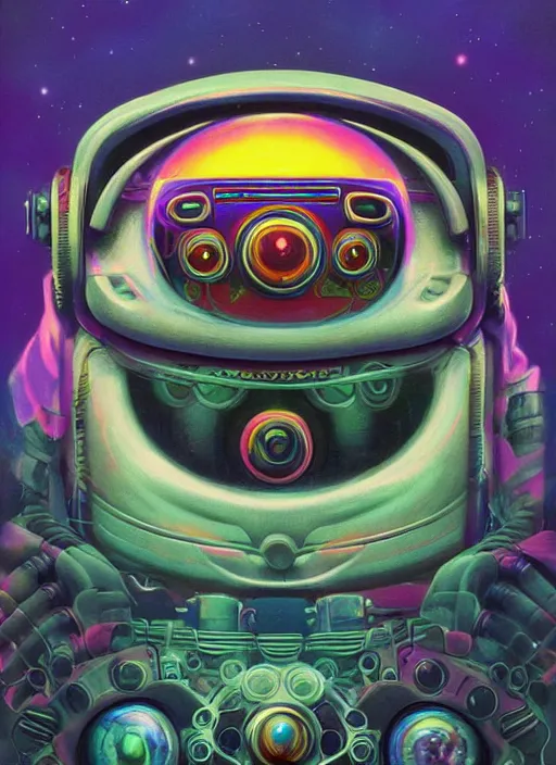 Image similar to close up sci - fi hippie lsd poster art simon stalenhag robot eyes, rainbow fur, elegant, highly detailed, centered, digital painting, concept art, smooth, sharp focus, illustration, artgerm, tomasz alen kopera, peter mohrbacher, donato giancola, joseph christian leyendecker, wlop, frank frazetta