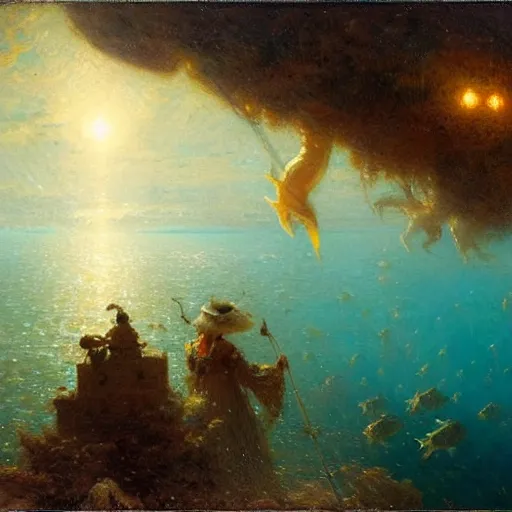 Image similar to point of view of deep in the ocean looking up, you see fishes, higher up you see the milk way, night time. highly detailed painting by gaston bussiere, greg rutkowski 8 k