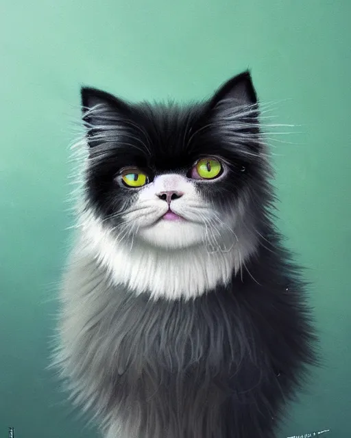 Image similar to highly detailed surreal vfx portrait of a cute, happy persian cat with green eyes, dressed up as a witch, stephen bliss, unreal engine, greg rutkowski, loish, rhads, beeple, makoto shinkai and lois van baarle, ilya kuvshinov, rossdraws, tom bagshaw, alphonse mucha, global illumination, detailed and intricate environment