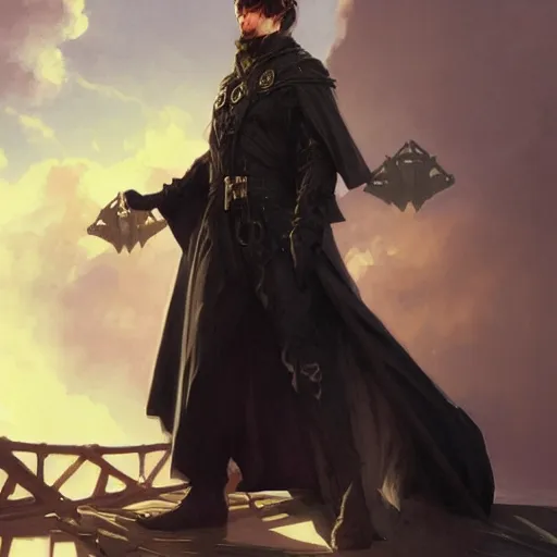 Image similar to pale male rogue in black robes on a shipdeck, fantasy, D&D, portrait, piercing stare, highly detailed, digital painting, HD, artstation, concept art, matte, sharp focus, illustration, art by artgerm and greg rutkowski and alphonse mucha