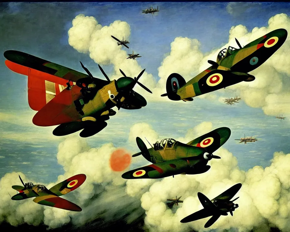 Image similar to an achingly beautiful print of the Battle of Britain by Raphael, Hopper, Goya, and Rene Magritte. detailed, romantic, enchanting, trending on artstation.