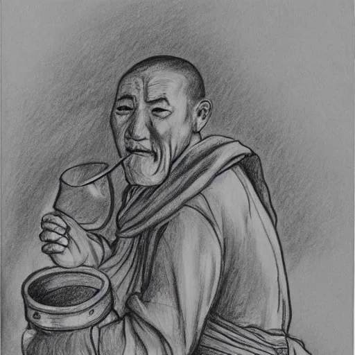 Image similar to pencil sketch of a monk drinking mead from a barrel