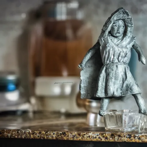 Prompt: macro photography focused on a miniature figure on a countertop. The background is the rest of the kitchen. The mid ground is a dramatic highway bridge that connects the vintage fridge to the counter. Award winning photo.