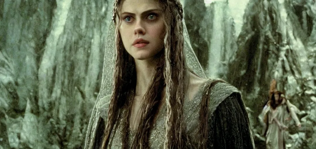 Prompt: still of alexandra daddario as galadriel in the lord of the rings ( 2 0 0 1 )