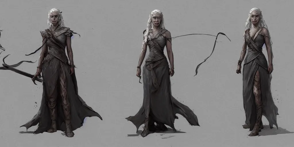 Image similar to daenerys targaryen, character sheet, concept design, contrast, kim jung gi, greg rutkowski, zabrocki, karlkka, jayison devadas, trending on artstation, 8 k, ultra wide angle, pincushion lens effect