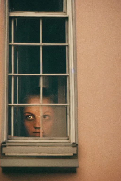 Image similar to kodak portra 4 0 0 photograph of a person looking out through their window, eyes, beautiful eyes, stunning eyes, close up, telephoto, faded effect, grain,