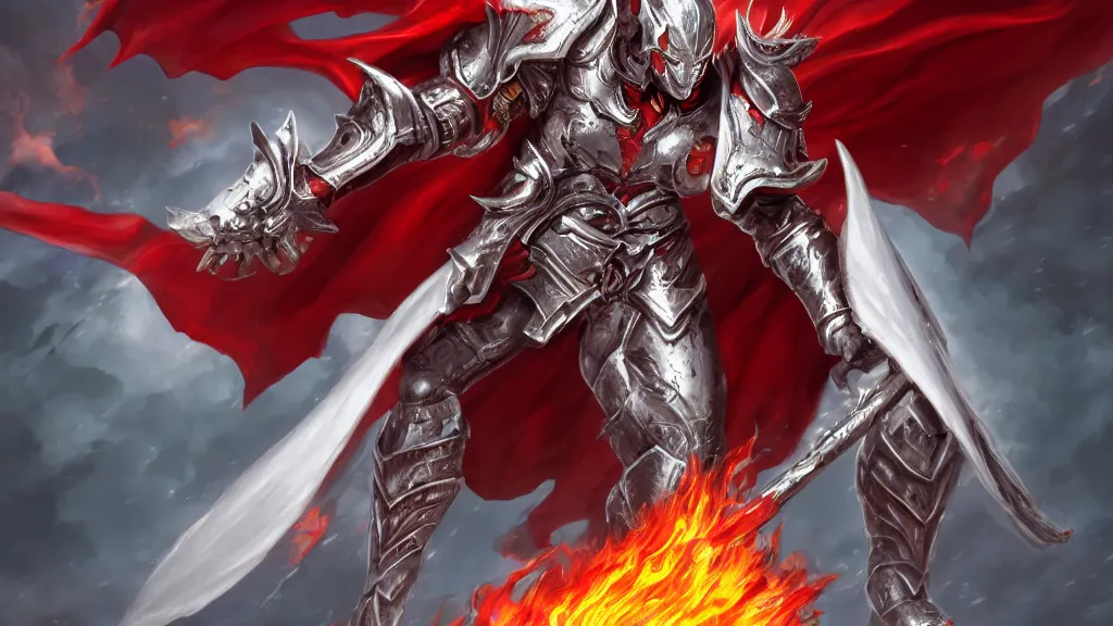 Image similar to male angel flying over hell, flame sword, white metallic armor, red cape, detailed arms, intricate white armor, two arms, two legs, detailed fanart, rpg art, d&d art, macro art, digital art, DeviantArt, artstation, 8k HD