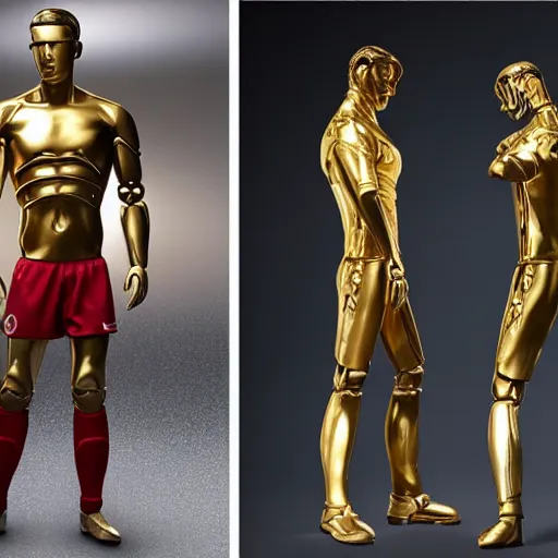 Image similar to a realistic detailed photo of a guy who is an attractive humanoid who is half robot and half humanoid, who is a male android, attractive and handsome soccer players, shiny skin, posing like a statue, blank stare, in a factory, on display, showing off his muscles, gold soccer shorts, side view, looking at each other mindlessly