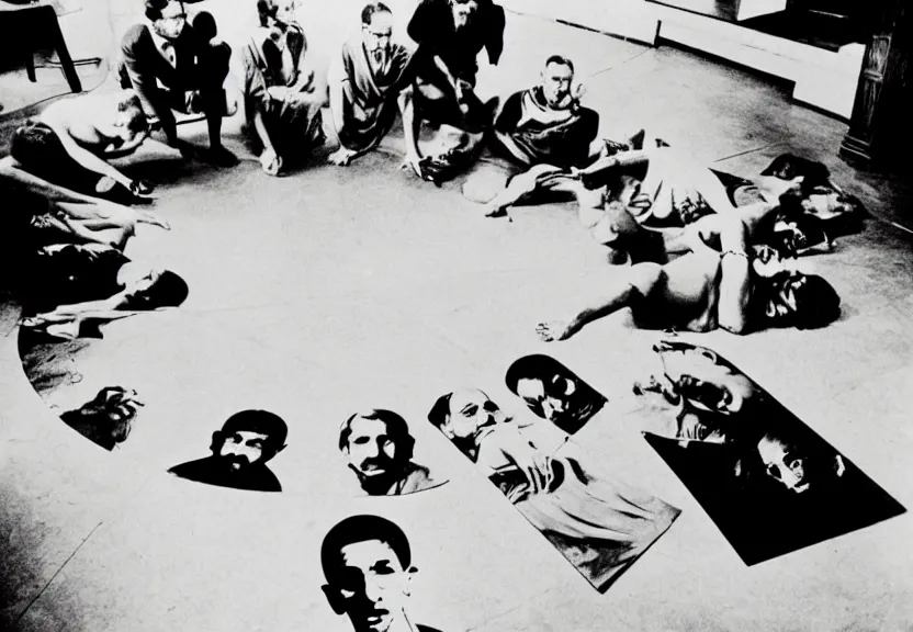 Prompt: smoke session for the ages: Gandhi , Obama, Jesus, And Lady GaGa in a circle on the floor getting high by Andy Warhol and Edward Curtis