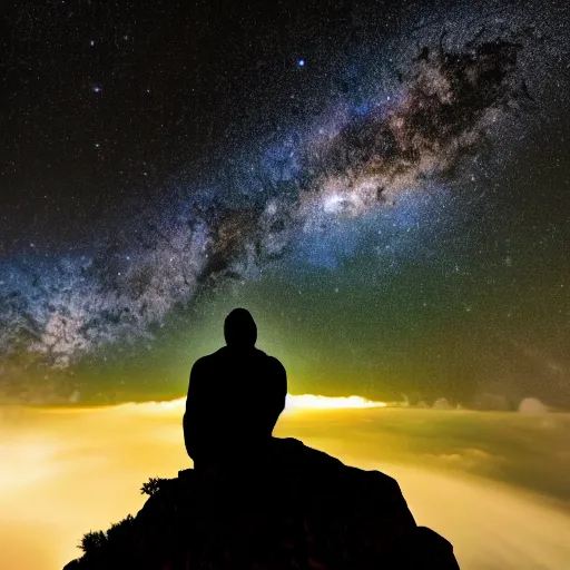 Image similar to 4K ultra HD detailed award-winning wallpaper of silhouette of man sitting on top of mountain cliff looking at huge vast sky storm Milky way