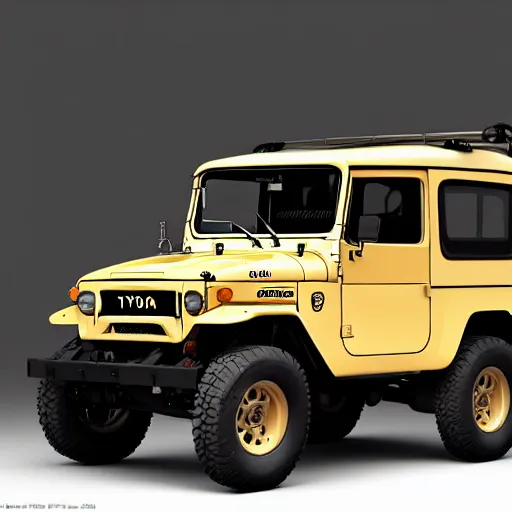 Prompt: in the style of Leonardo da Vinci a Toyota Fj43 build in 1981, black roof, with a roof rack, detailed, 8K, octane render, 8K,