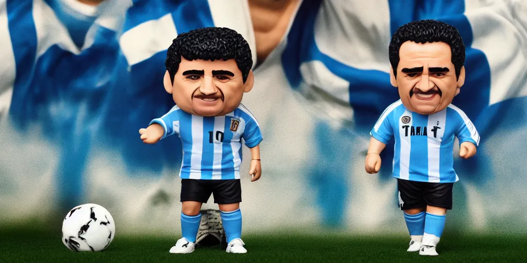 Prompt: funko of maradona with big head, argentina t - shirt, smile, no beard, stand with a ball under his left foot, max resolution, high contrast, cinematic, light cinematic, volumetric, realistic, cinematic lighting, octane render, hyper realistic