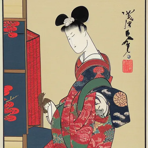 Image similar to ukiyo-e painting of an elegant llama bowing in front of a Geisha