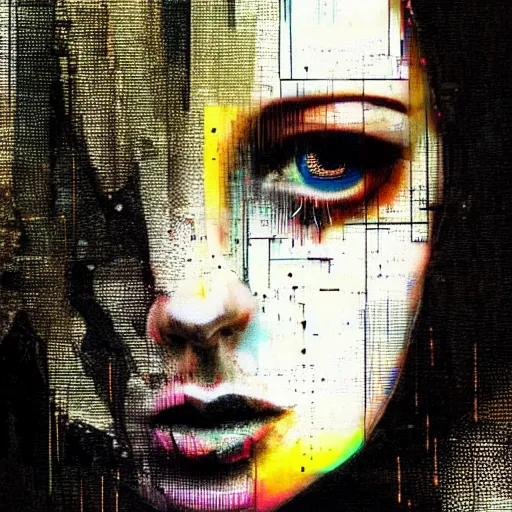 Prompt: portrait of a hooded beautiful women, mysterious, glitch effects over the eyes, shadows, by Guy Denning, by Johannes Itten, by Russ Mills, centered, glitch art, innocent, clear skin, hacking effects, chromatic, cyberpunk, color blocking, digital art, concept art, abstract