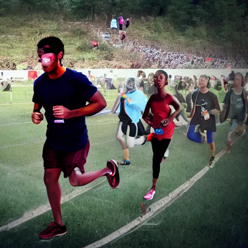 Image similar to photograph of an athletic man holding a bible while running. Bible is in their hands. Zombies in the background. Track and field event. DSLR Photography