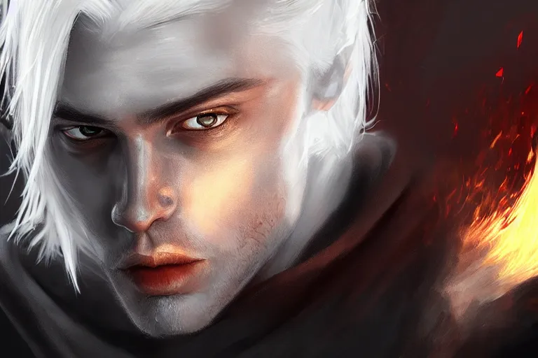 Image similar to « man, white hair, eyes as a flame of fire and out of his mouth came a sharp two - edged sword, grim - lighting, high - contrast, intricate, elegant, highly detailed, digital painting, artstation, concept art, smooth, sharp focus, illustration »