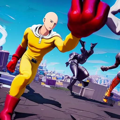 Image similar to one punch man in fortnite, character render, full body shot, highly detailed, in game render