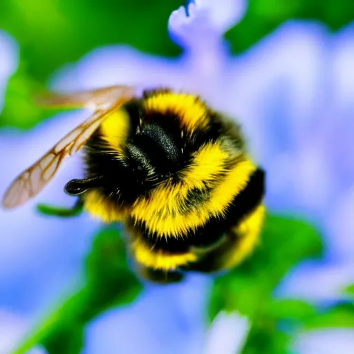 Image similar to a bumblebee with floral anatomy sits on a finger, 5 0 mm lens, f 1. 4, sharp focus, ethereal, emotionally evoking, head in focus, volumetric lighting, blur dreamy outdoor