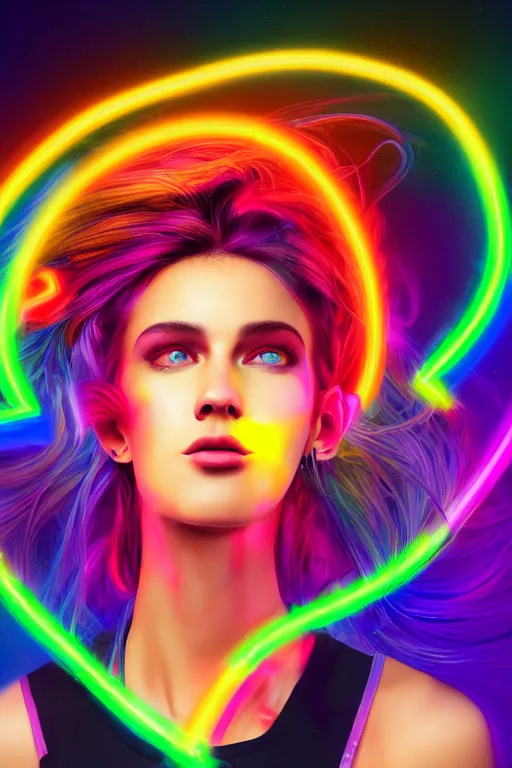 Image similar to a award winning half body portrait of a beautiful woman with stunning eyes in a croptop and cargo pants with rainbow colored ombre hairstyle head in motion and hair flying by thomas danthony, surrounded by whirling illuminated neon lines, outrun, vaporware, shaded flat illustration, digital art, trending on artstation, highly detailed, fine detail, intricate