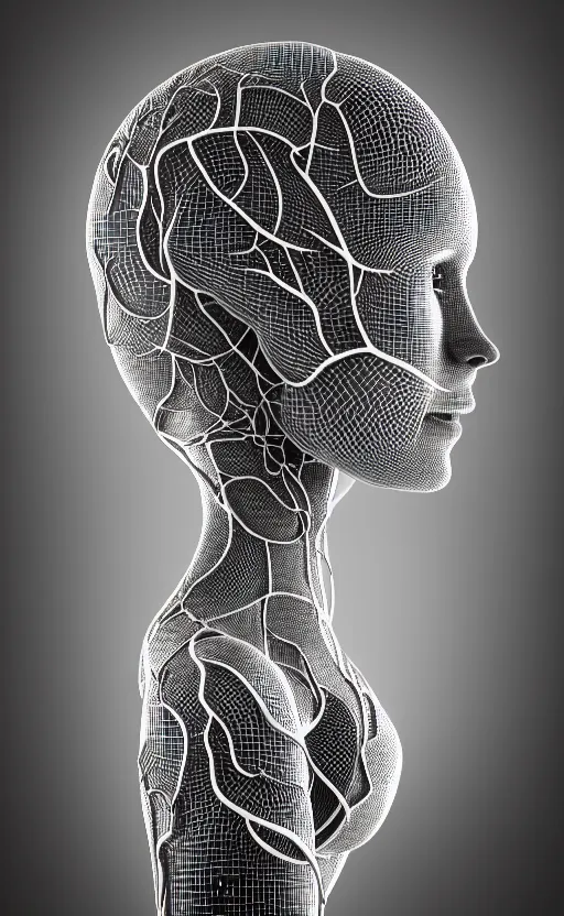 Prompt: black and white complex 3d render of a beautiful profile woman face, vegetal dragon cyborg, 150 mm, silver magnolia stems, roots, fine lace, maze like, mandelbot fractal, anatomical, facial muscles, cable wires, microchip, elegant, highly detailed, black metalic armour, rim light, octane render, H.R. Giger style