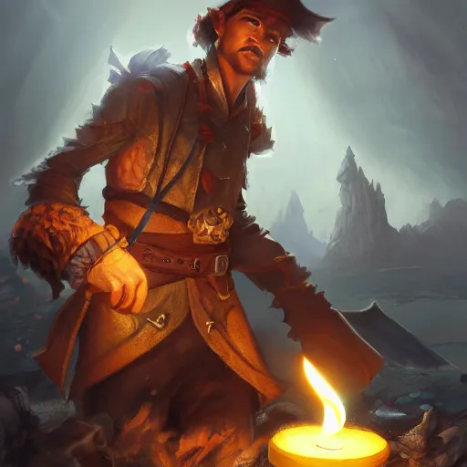 Image similar to concept art of a swashbuckler holding a candle discovering a sunken city, wearing a cape, wearing a night cap, highly detailed, digital art, illustration, artstation, very detailed, 4 k